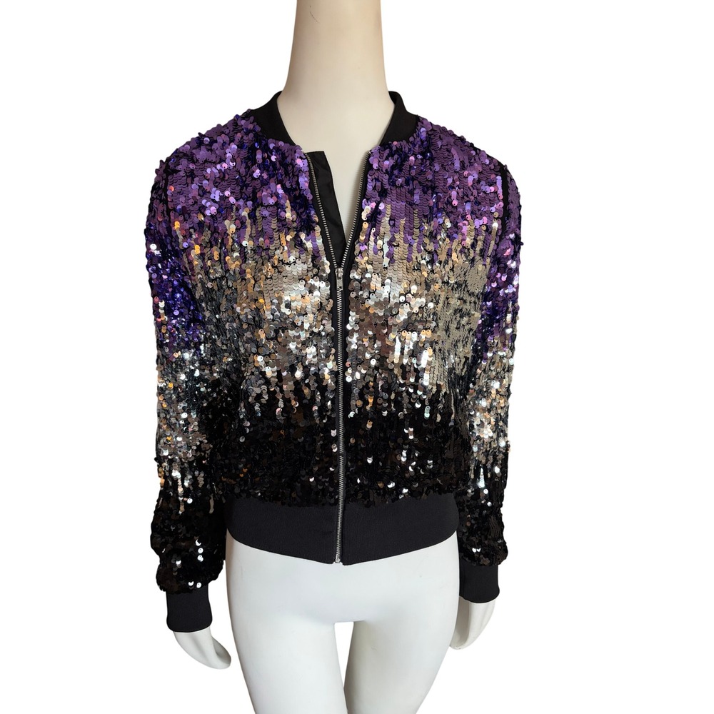 HM Girls Ombre Sequin Bomber Jacket Purple Silver Black Size 14Y+ US 20